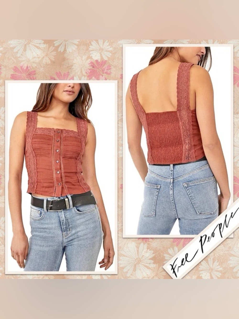 Free People Maggie Lace Tank in Coconut Shell NWOT (Rust) XS A71